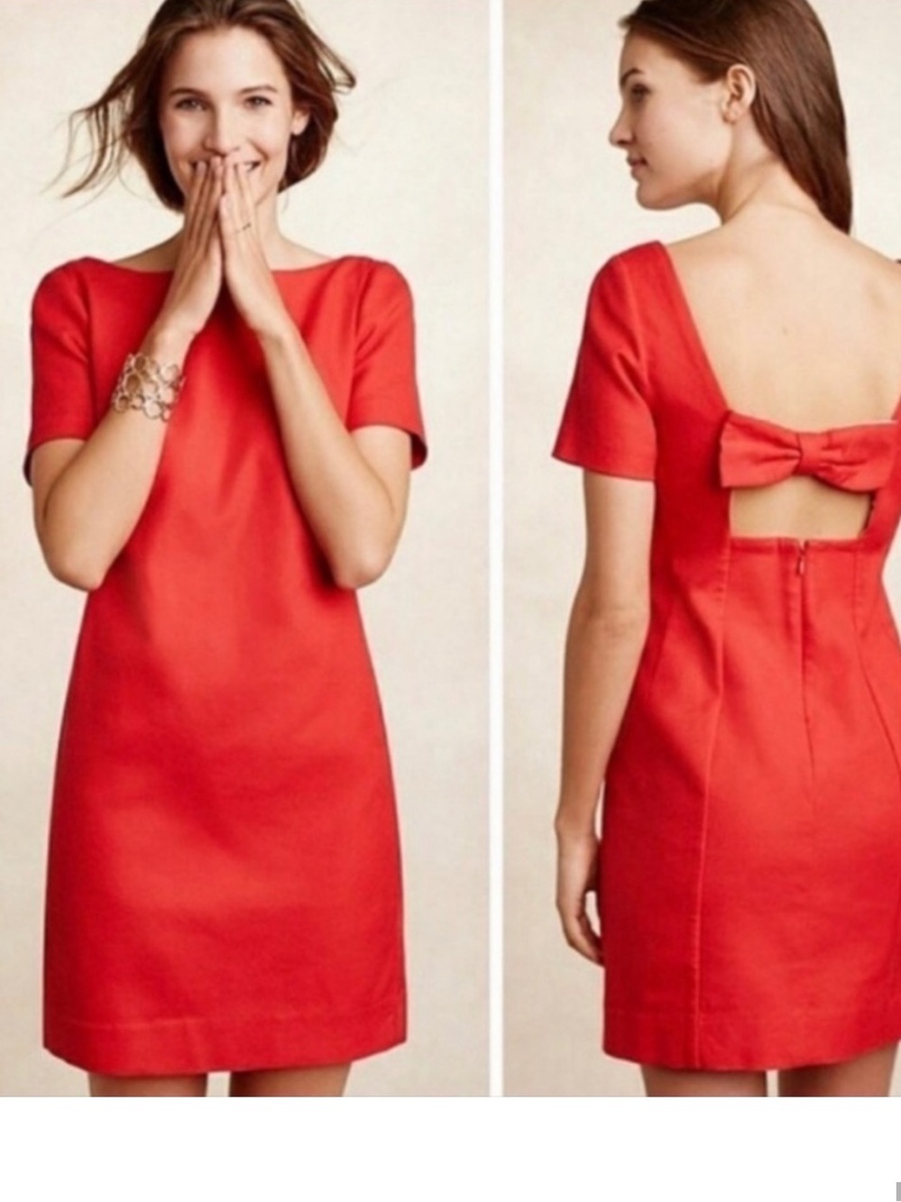 Anthropologie Coral-Red Bow Back Mini Dress